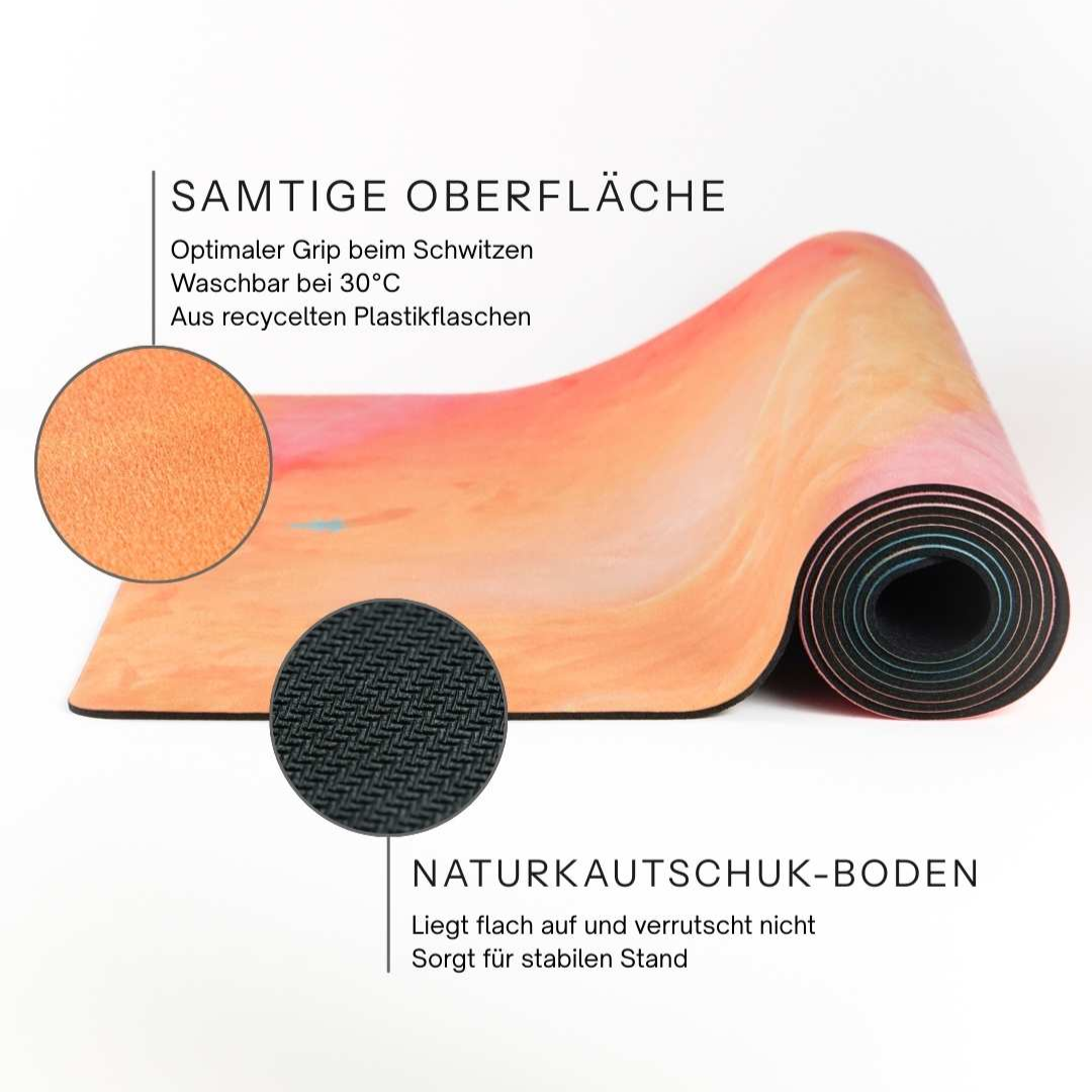 Vorzüge der Hybrid Yogamatten von Mala visuell verdeutlicht. Oberfläche für Grip beim Schwitzen und Boden aus Naturkautschuk für stabilen Stand
